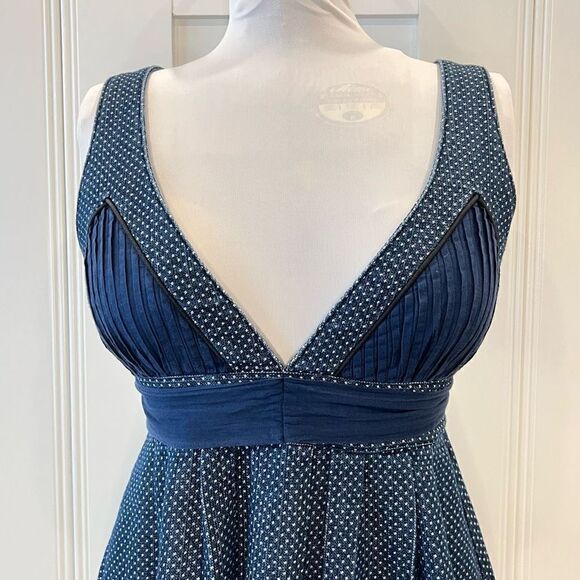 Nina Women’s Small Blue White Plunge Criss Cross Open Back Midi Dress - Picture 2 of 14